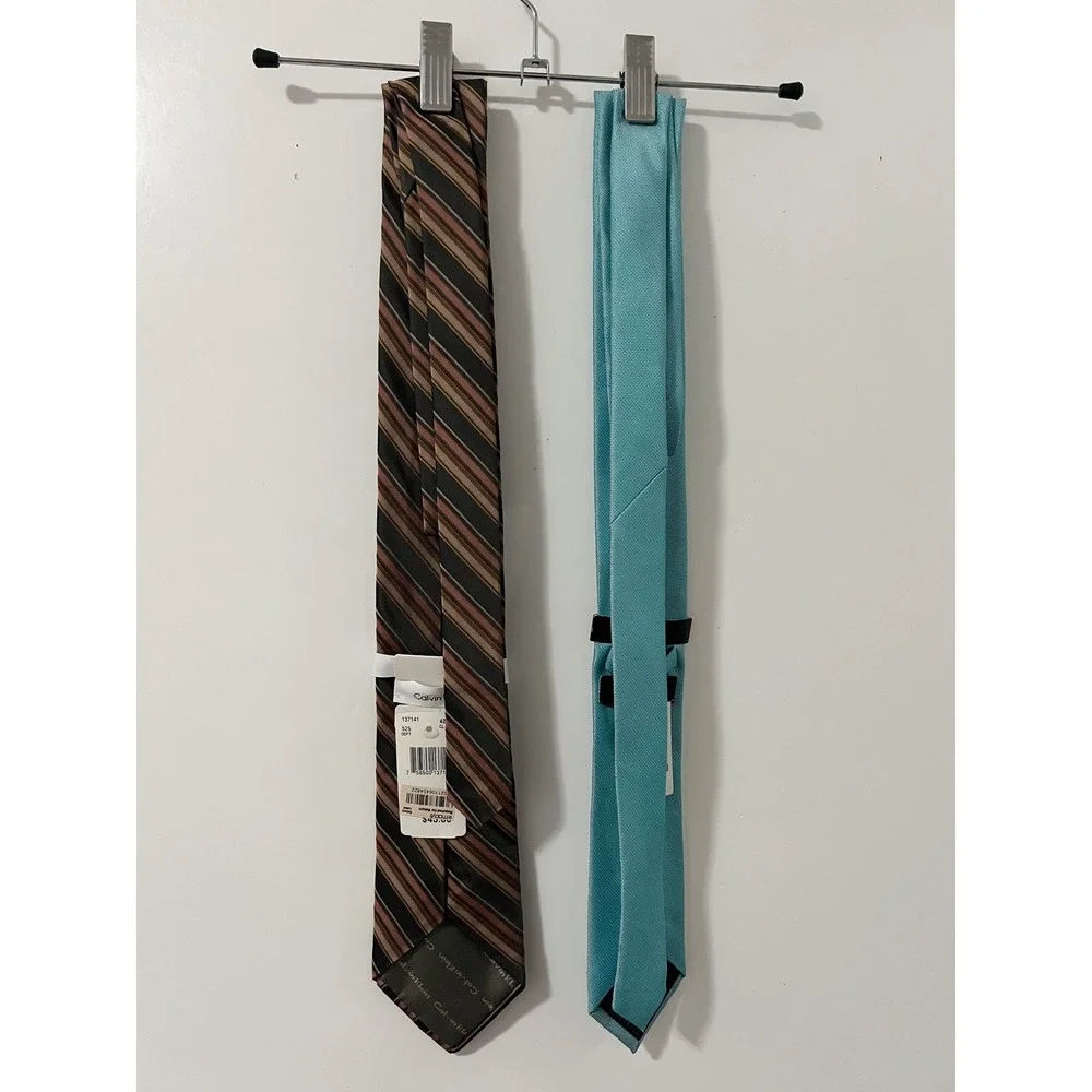 Calvin Klein & Alfani Mens Necktie Bundle Silk Striped Brown Mint Blue 2 Pack